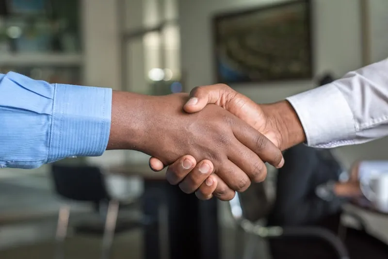 Business professionals shaking hands in a partnership agreement